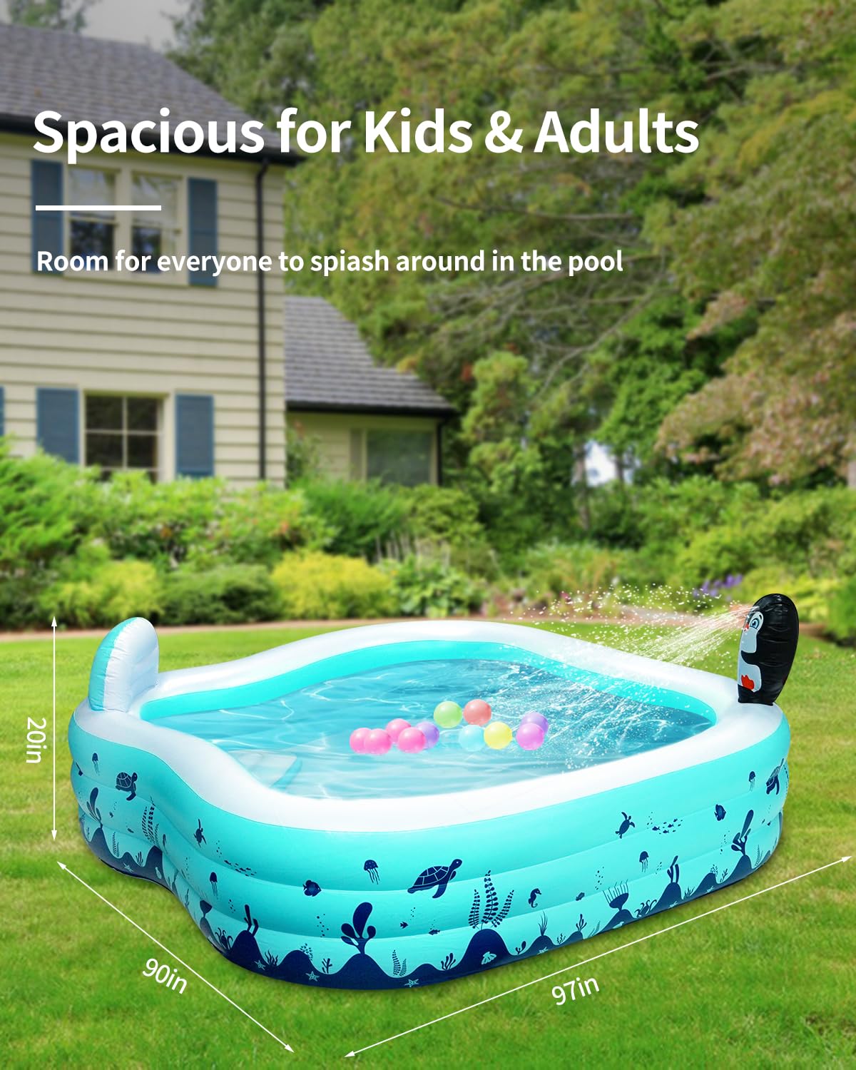 Inflatable Kids Pool with Penguin Sprinkler - Fan Shape