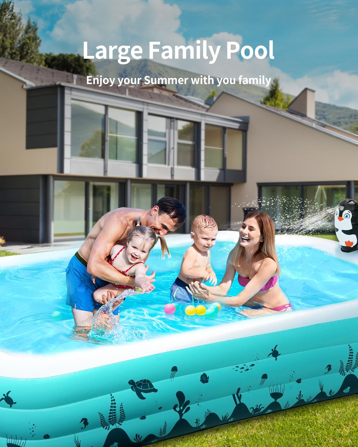 Inflatable Pool with Seat and Penguin Sprinkler - Rectangular Shape