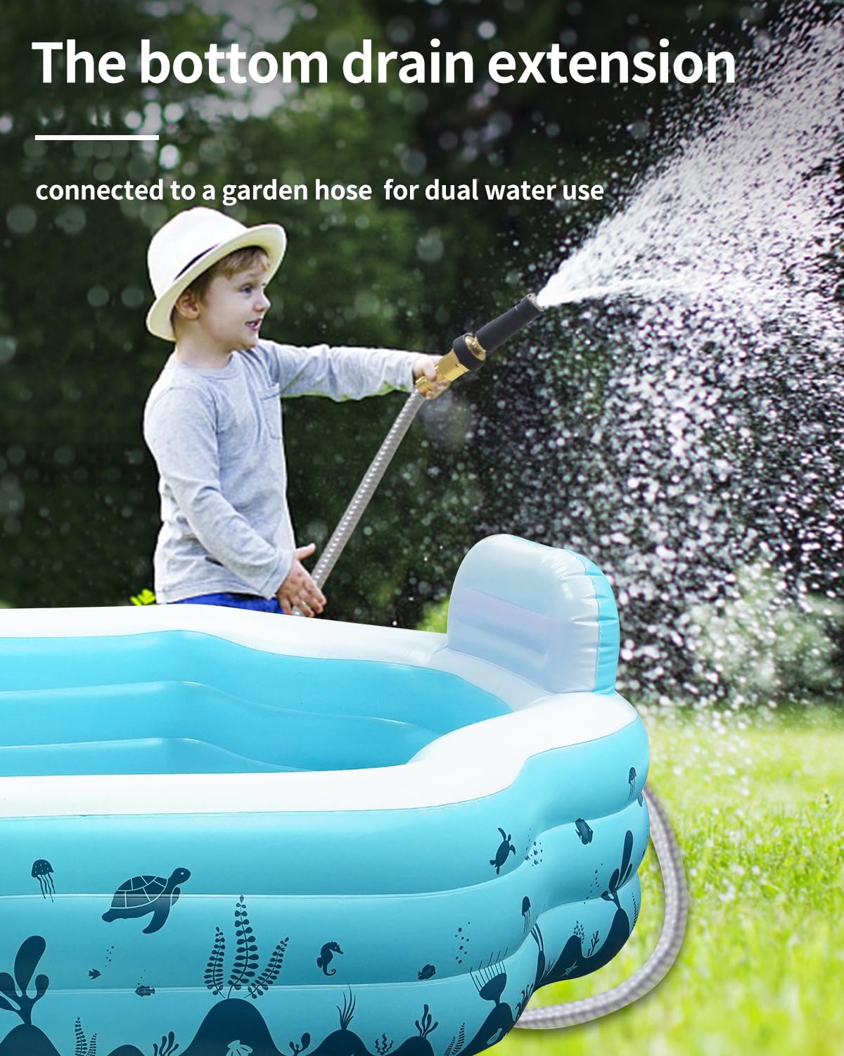 Inflatable Pool with Seat and Penguin Sprinkler - Rectangular Shape