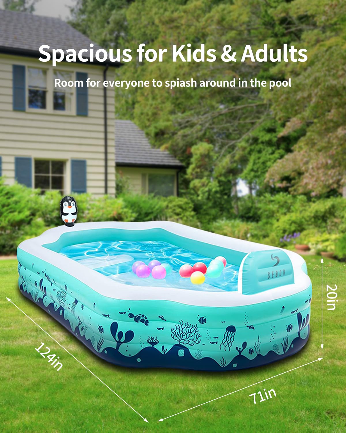 Inflatable Pool with Seat and Penguin Sprinkler - Rectangular Shape